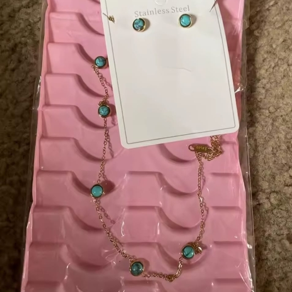 Stainless Steel Turquoise Simplicity Golden Necklace Earrings For Women Ideal fo - Picture 2 of 4